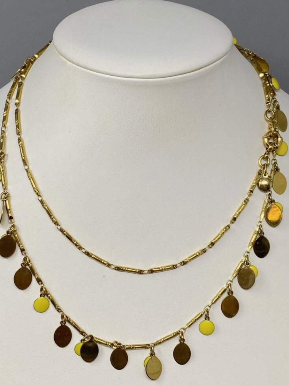 J Crew Fringe Necklace Gold Tone Bamboo Link Yellow Discs Long 34"